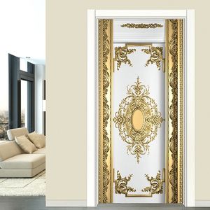 Samoprzylepne Drzwi Naklejki Europejski Styl Luksusowe Gold Carvings Wallpaper Salon Sypialnia Plakat Mural PVC Wodoodporna naklejka 210317