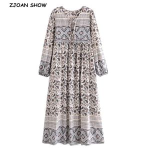 Böhmen Bandage Lacing Up Collar Grå Paisley Blommigryck Klänning Boho Kvinna Hit Färg Långärmad Maxi Holiday Dresses 210429