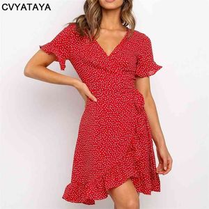 Boho Ruffles Wrap Summer Dress Sexy V Neck Short Sleeve Floral Printed A Line Self Tie Mini Red Dresses For Women Vestidos 210623