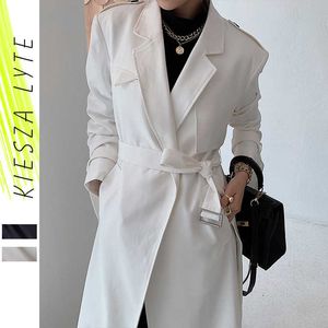 Kobiety Elegancki Trench Coat Luxury White Black Lapel Waistband Długa Wiatrówka Jesień Business Kurtka Znosić Outwear Tkaniny 210608