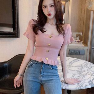 Shintimes Lato Krótki rękaw Kobiety Sweter Dzianiny Crop Topy Slim Sexy Koreański Przycisk Moda Pulowers Chompas Para Mujer 211007