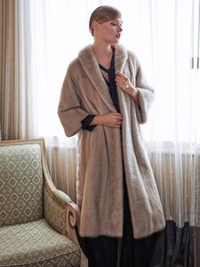 女性の毛皮のFaux Topfur 105cmの長さの長いリアルミンクコート3四半期のスリーブ全体の皮コート2021冬の暖かいアウターウェア