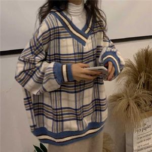 Winter loose chic plaid Autumn Korean V-neck tops ins Harajuku vintage BF simple hedging fashion casual women sweatershirt 210608