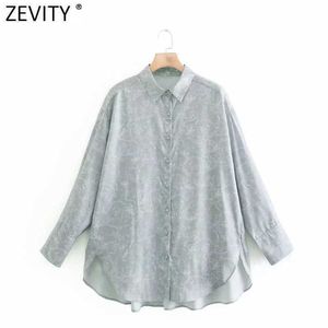 Zevity Women Vintage Digital Print Loose Hem Oregelbunden tröja Lady Långärmad Oversize Blus Roupas Chic Femininas Tops LS9033 210603