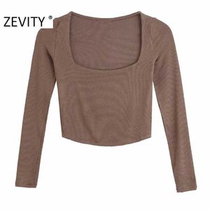Zevity Women Simply Square Collar Long Sleeve Chic Camis Tank Ladies Knitted Vest Slim T-shirt Casual Crop Tops LS7272 210603