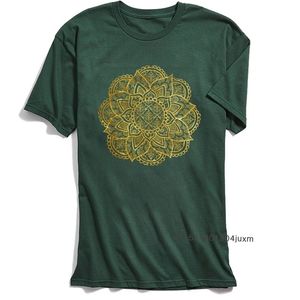 Punk Men Tshirt Green T Shirt Mandala Fancy Golden Geometric T-shirts 100% Cotton O Neck Mens Tops Tees Vintage Design 210706