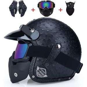 Мотоциклетные шлемы кожа 3/4 велосипедный шлем открытый лицо винтаж с Goggle Maskmotorcycle