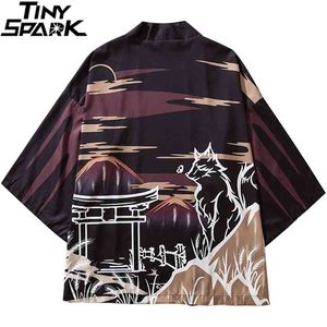 Hip Hop Mężczyźni Streetwear Kurtka Kimono Wilk Drukuj Harajuku Japońska Jesień Lato Cienka Gown Japonia Styl Street Wear 210811