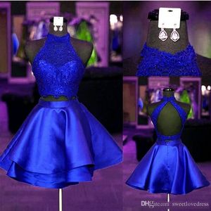 Wholesale two piece cocktail party short gown for sale - Group buy Two Piece Short Homecoming Dresses High Neck Sleeveless Lace Satin Backless Cocktail Party Dress Prom Graduation Gowns