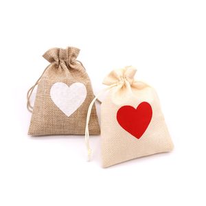 Kärlek Heart Burlap Party Favor Drawstring Bags Jute Bag för Bröllop Candy Packaging Gift