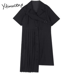 Yitimuceng Asymmetrical Dresses Women A-Line Mini Solid Spring Notched Short Sleeve High Waist Single Breasted Clothes 210601