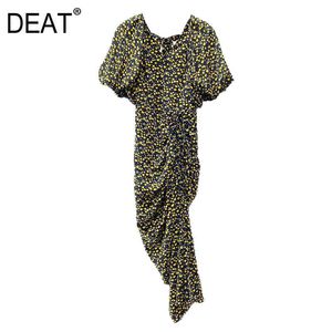 [DEAT] Summer Fashion V-neck High Waist Knee-length Short Sleeve Irregular Split Fork Printing Dress Women 13Q305 210527