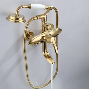 バスルームのシャワーは豪華なユニークなスタイルのゴールデンカラークローフットバスタブの蛇口パターンメタルレバーハンドルハンドヘルドミキサータップUBC