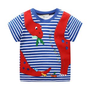 Hoppmätare Dinosaurs Boys Tees Toppar för sommar Barn Stripe Bomull Kläder Tecknad Baby T Shirts Mode Kids 210529