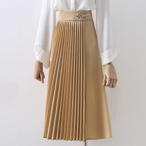 Новый дизайн женский весенний осенний осенний мод с высокой талией плиссированной миди -длинной повседневной юбки плюс размер smlxl