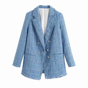 Tweed donna vintage blazer blu moda donna elegante blazer spesso giacche casual femminile sciolto vestito ragazze giacca chic 210427