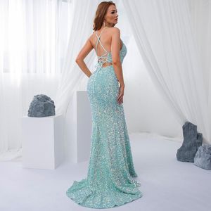 Party Dresses Luxury Mint Sequin Slip Lace Up Long Cocktail Dress Backless Hollow Out Velvet V Neck Ball Gown Celebrity Women Summer