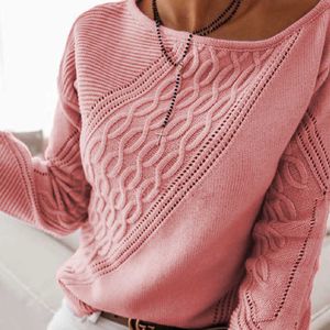 2021 Nowy Casual Solid Twill Bez Rami Bez Ramiączek Jesień Sweter Sexy Panie Dzianiny Z Długim Rękawem Swetry Moda Kobiety Hollow Out Pullover Y0825