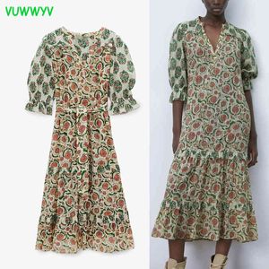 Chic Floral Print Ruffle Mulher Vestido Verão Elegante Vintage Party Party Midi Mulheres Manga Longa ES Cinto 210430