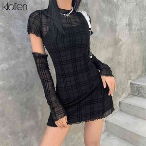 Klalien Springファッションシンプルな格子縞のパッチワーク若いスタイルDresカジュアルストリートスリムオフィスの女性黒ミニ210623