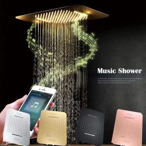 Luxury 24 Inch Remote Control Light Golden Shower Head High Flow Rainfall Waterfall Showers Bathroom Colorful LED Showerhead 304 Stainless Steel With Music xs