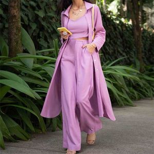 Höst ankomst Kvinnor Set Tre Piece Singble Breasted Long Trench + High Waist Pant + Ärmlös Vest Suit Casual Outfits 211105