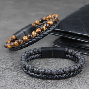 Bracciale con ciondoli da uomo Corda intrecciata in pelle multistrato Perline in pietra naturale Bracciale con chiusura magnetica in acciaio inossidabile Gioielli punk con una borsa di velluto