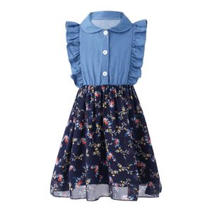 Dzieci dziewczęta Dżinsowa Dress 2021 Nowy Lato Patchwork Odzież Wzburzyć Bez Rękawów Lalki Kołnierz Kwiatowy Druku Dress Teen Casual Dresses Q0716