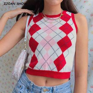 90s Röd Argyle Plaid Stickad Sweater Vest Kvinnor StreetWear Preppy Style Koreanska Kläder Striped O Neck Tank Top Y2K Knitwear 210429