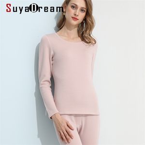 SuyaDream Women Fleece Warm Long Johns 100%Natural Silk Brushed Solid Winter Thermal Pink Nude Underwear 211221