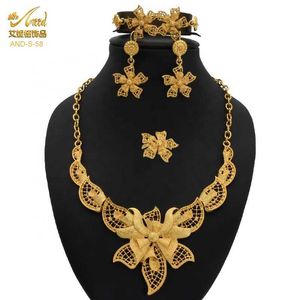 Aniid Düğün Jewlery Setleri Çiçek Mücevherat Nijeryalı Altın Kadın Hint Bilezik Etiyopya Takı Gelin Kolye ve Küpe H1022