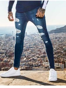 Mężczyźni Skinny Ripped Jeans Hip-Hop Streetwear Jeans Blue Grey White Ołówek Spodnie Slim Biker Znosić Spodnie Rozmiar S-3XL X0621
