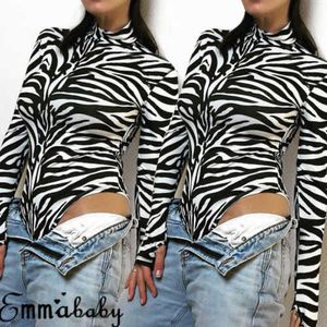 Bayan Uzun Kollu Bodysuit Streç Bayanlar Leotard Vücut Tops T-shirt Tulum Zebra Desen Tulum Çizgili Rahat Bodysuits Y0927