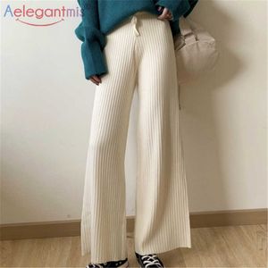 AELEGANTMIS Moda Coreana Mulheres Casuais Loose Ribbed Larga Perna Malha Calças Simples Feminino Feminino Alta Elastic Calças 210607