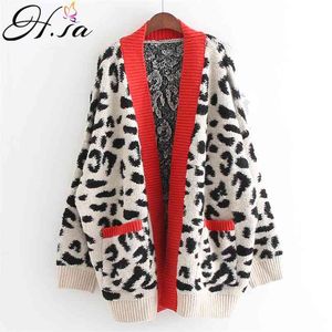 Women Fashion Long Sweater and Cardigans Open Stitch Leopard Casual Red Yellow Oversized Knit Jacket Out Coat 210430