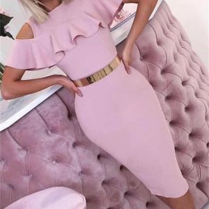 Kvinnor Sexig Fashion Ruffles Pink Rayon Bandage Dress Ladies Designer Evening Party Vestido 210527
