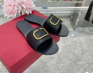 Tasarımcı Kadınlar Metalik Vlogo İmza Trim Sandal Tahıl Cowhide 0,5 cm Topuklu Deri Terlik Sandalet Sandalet Vintage Klasik En Kalite Kutu Boyutu 35-40