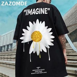 Zazomde Cotton Hip Hop T-shirt Sommarrund Neck Loose T-shirts Flowers Tee Shirts Half Sleeve Streetwear Tshirt 210716