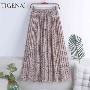 Tigena Chiffon Longプリーツスカート女性ファッション夏花プリント休日ラインハイウエストマキシスカート女性美少女210730