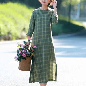 Johnature Retro Plate Buckle Fashion Plaid Cotton Linen Dresses Autumn Loose Comfortable Nine Points Sleeve Women Dress 210521