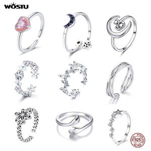 WOSTU Real 925 Sterling Silver Open Ring Finger Adjustable Size Wedding Rings For Women Engagement Fashion Silver Jewelry Gift X0715