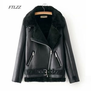 Women Winter Warm Faux Lamb Leather Jacket Coat Lambs Wool Fur Collar Motorcycle Black Bomber Overcoat 210430