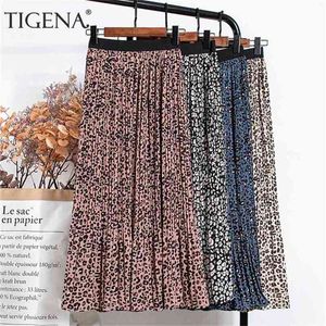 Tigena Spring Vintage Leopard Шифон юбка женская мода печать выровняла линия эластичная высокая талия плиссированная длинная женщина 210629