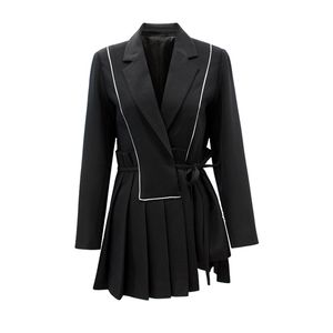 Осенние дамы Blazer мода черный длинный рукав поясшись над коленом поворотный воротник плиссированный платье костюм QB668 210510