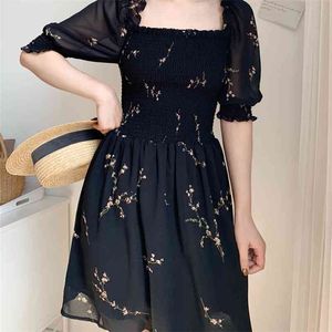 Summer dress bohemian vintage flroal black mini kawaii boho chiffon beach korean short sleeve casual 210521