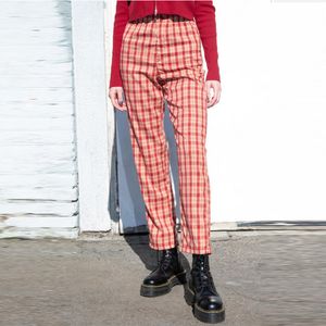 Chenkered plaid elastisk hög midja kvinnors byxor knäppas bredben dam damer raka byxor lösa streetwear tjej sommar 210518