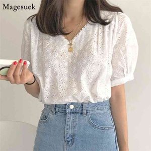 Summer Hollow Out White Blouse Women Short Sleeve V Neck Ladies Tops Blouses Office Lady Floral Female Shirts Clothing 9595 210512