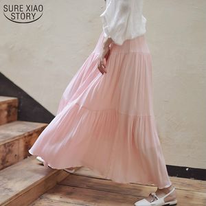 Vintage Elegant Summer Skirts Women Linen Cotton Long Beach Elastic Waist Pleated Maxi Faldas 9958 210508