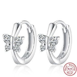 Śliczne solidne 925 Sterling Silver White CZ Butterfly stadniny kolczyki dla kobiet dziecko dziewczyny dzieci Bridal Wedding Plata biżuteria