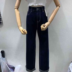 Tüm Maç Drak Mavi Kot Kadın Chic Cepler Tasarlanmış Kadınlar Denim Pantolon Bahar Rahat Düz Pantalones De Mujer 210514